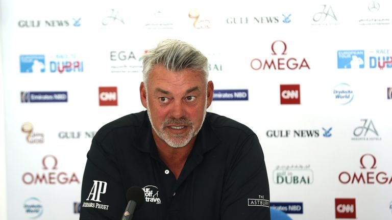 DUBAI, UNITED ARAB EMIRATES - FEBRUARY 05:  Darren Clarke of Northern Ireland the Patron of the Mena Golf Tour talks to the media at announcement of the 20
