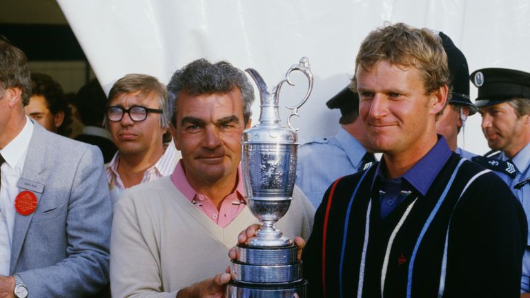 Scottish golfer Sandy Lyle with his caddie Dave Musgrove after winning the British Open at Royal St George's Golf Club, July 1985. (Photo by David Cannon/G