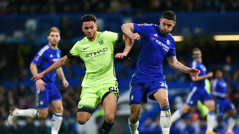 David Faupala (left) featured for Man City against Chelsea in the FA Cup last season. He is currently on loan at Chesterfield