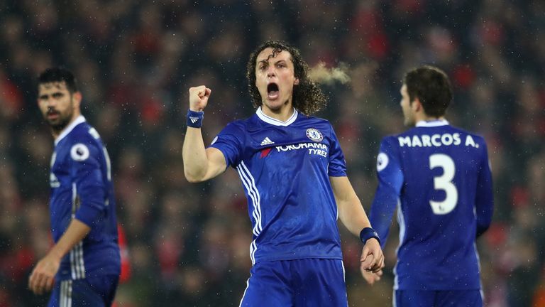 LIVERPOOL, ENGLAND - JANUARY 31:  David Luiz of Chelsea celebrates scoring the opening goal during the Premier League match between Liverpool and Chelsea a