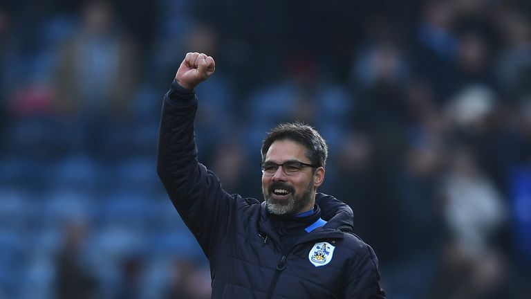 HUDDERSFIELD, ENGLAND - FEBRUARY 18: David Wagner, Manager of Huddersfield Town shows appreciation to the fans after The Emirates FA Cup Fifth Round match 