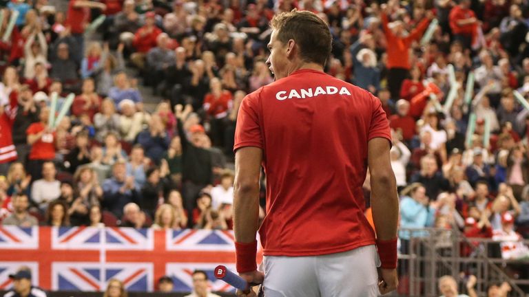 Vasek Pospisil of Canada celebrates against Dan Evans