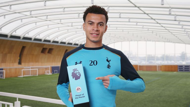 ENFIELD, ENGLAND - FEBRUARY 09:  Dele Alli of Tottenham poses with the Premier League Player Of The Month award at Tottenham Hotspur Training Centre on Feb