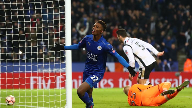 LEICESTER, ENGLAND - FEBRUARY 08:  Demarai Gray of Leicester City celebrates after scoring his team's third goal during the Emirates FA Cup Fourth Round re