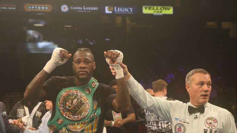 BIRMINGHAM, AL - FEBRUARY 25: WBC World Heavyweight Champion Deontay Wilder is announced the winner in his fight against Gerald Washington at Legacy Arena 