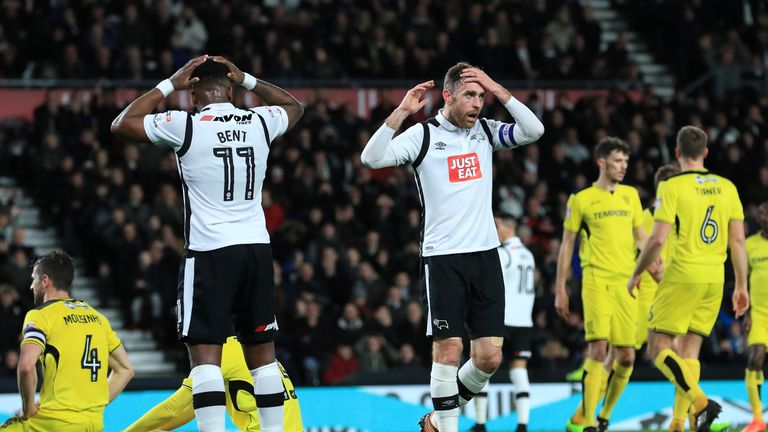 Derby County's Richard Keogh (right) and Darren Bent rue a missed chance