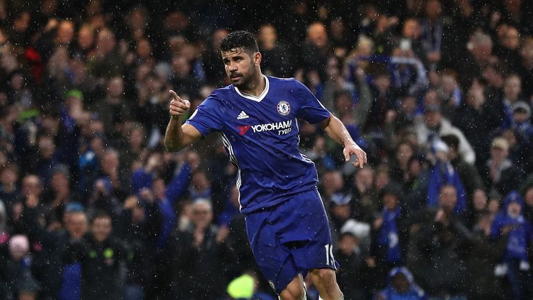 LONDON, ENGLAND - FEBRUARY 25:  Diego Costa of Chelsea celebrates scoring his sides third goal during the Premier League match between Chelsea and Swansea 