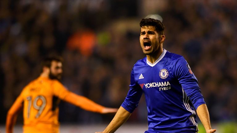 WOLVERHAMPTON, ENGLAND - FEBRUARY 18:  Diego Costa of Chelsea reacts during The Emirates FA Cup Fifth Round match between Wolverhampton Wanderers and Chels