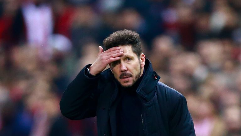 MADRID, SPAIN - FEBRUARY 01: Coach Diego Pablo Simeone of Atletico de Madrid reacts during the Copa del Rey semi-final first leg match between Club Atletic