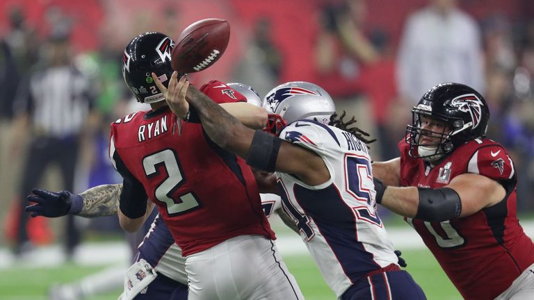 HOUSTON, TX - FEBRUARY 05:  Dont'a Hightower #54 of the New England Patriots forces a fumble from Matt Ryan #2 of the Atlanta Falcons during the fourth qua