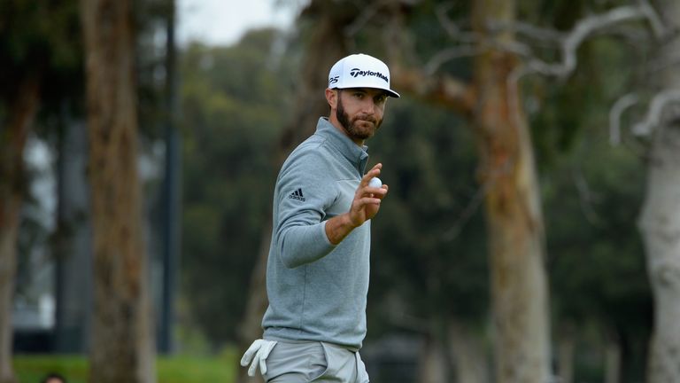 PACIFIC PALISADES, CA - FEBRUARY 19:  Dustin Johnson reacts to his putt on the 13th hole during a continuation of the third round at the Genesis Open at Ri