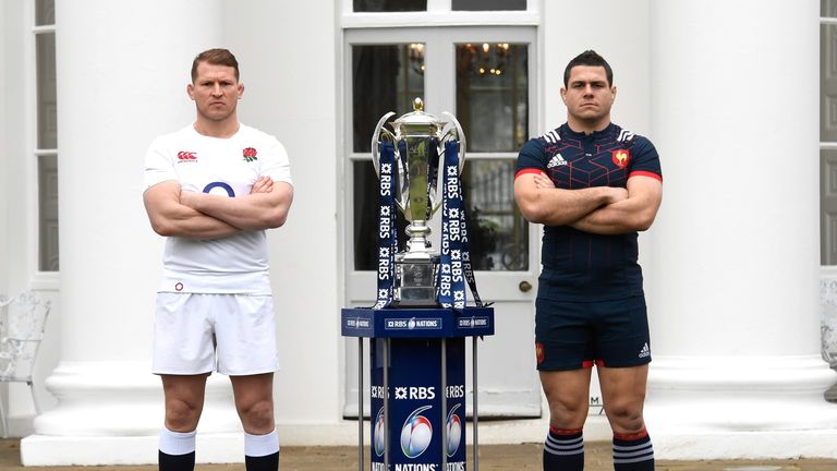 LONDON, ENGLAND - JANUARY 25:  Dylan Hartley, Captain of England (L) and Guilhem Guirado, Captain of France (R) pose with The Six Nations trophy