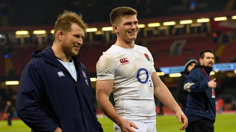 Captain Dylan Hartley (l) and Owen Farrell share a joke after the Six Nations victory over Wales
