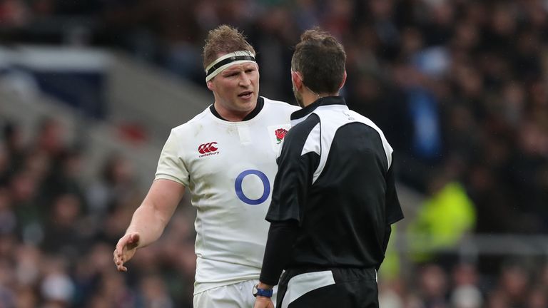 England's Dylan Hartley chats with Referee Romain Poite 