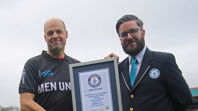 Ed Wood presented with Guiness  World Record for breaking 93 club record - all clubs in 189 days - for Prostate Cancer UK. Pic credit: Dan Youngs