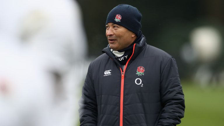 BAGSHOT, ENGLAND - FEBRUARY 09:  Eddie Jones, the England head coach, looks on during the England training session held at Pennyhill Park on February 9, 20