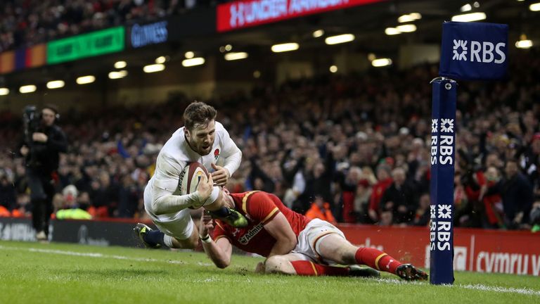England's Elliot Daly scores their second try the RBS 6 Nations match at the Principality Stadium, Cardiff