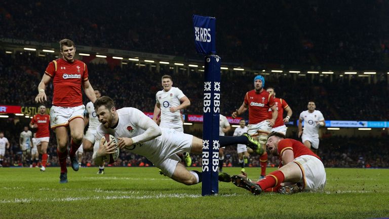 England's Elliot Daly scores their winning try at the Principality Stadium, Cardiff
