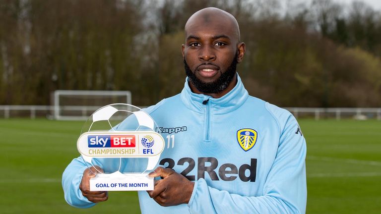 Souleymane Doukara of Leeds United with the Sky Bet Championship Goal of the Month award