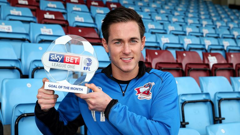 Josh Morris of Scunthorpe United with the Sky Bet League One Goal of the Month award