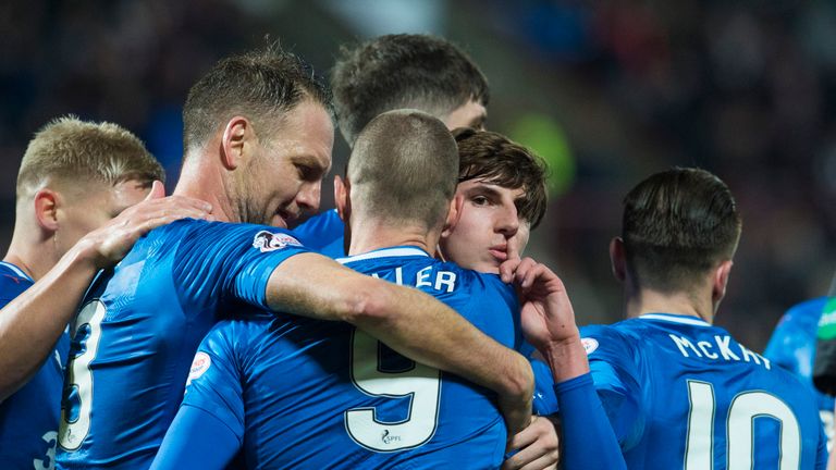 Emerson Hyndman (centre) is mobbed by his Rangers' team-mates after scoring the equaliser