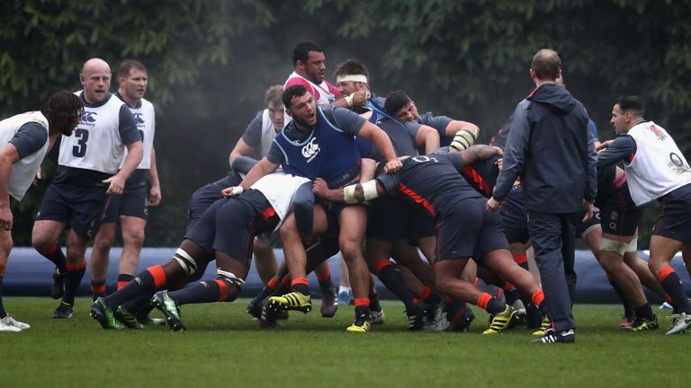 BAGSHOT, ENGLAND - JANUARY 31:  England practice their mauling during the England training session held at Pennyhill Park on January 31, 2017 in Bagshot, E