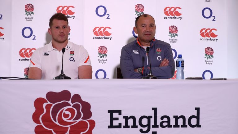 BAGSHOT, ENGLAND - FEBRUARY 24:  Eddie Jones, (R) the England head coach talks to the media with his captain Dylan Hartley during the England press confere