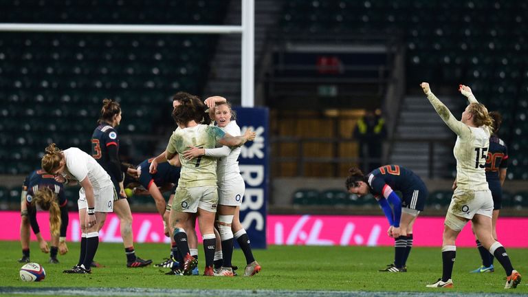 England celebrate their victory on the pitch after the Six Nations international women's rugby union match between England Women and France Women at Twicke