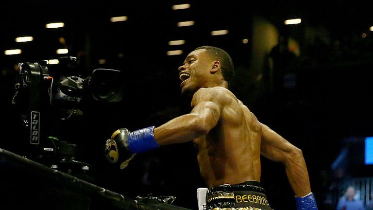 Errol Spence Jr celebrates his knock out in the fifth round against Chris Algieri during their welterwieght bout at Barclays Center