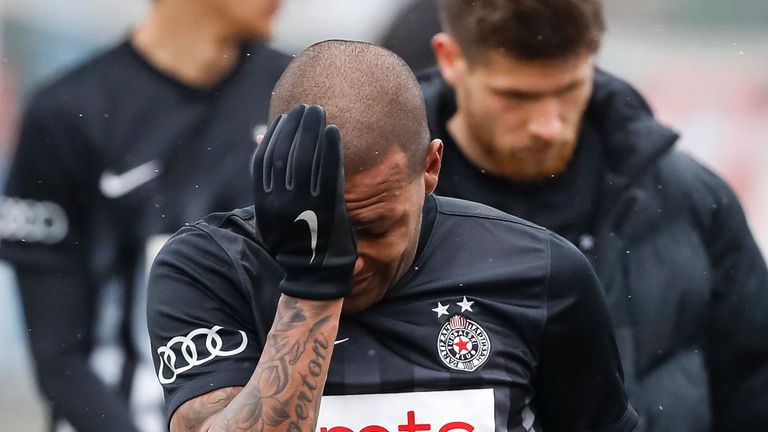 Partizan Belgrade's Brazilian midfielder Everton Luiz leaves the field in tears on February 19, 2017, at the end of a Serbian championship match between Pa