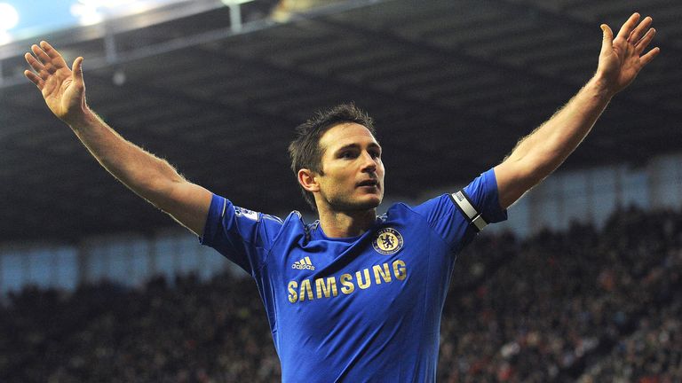 Frank Lampard celebrates after scoring Chelsea's third goal against Stoke City on January 23, 2013