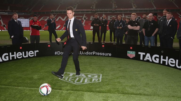 Ander Herrera of Manchester United plays a game at the launch of a TAG Heuer Special Edition Manchester United Co-Branded Watch at Old Trafford
