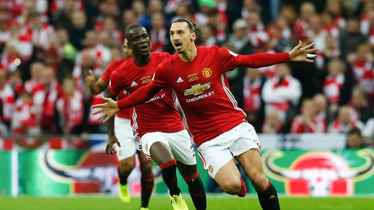 Zlatan Ibrahimovic celebrates scoring the opening goal in the EFL Cup final