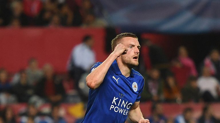 Jamie Vardy of Leicester City celebrates after scoring his side's first goal during the UEFA Champions League Round of 16 tie v Sevilla