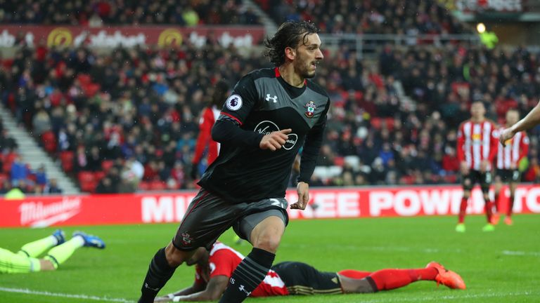 SUNDERLAND, ENGLAND - FEBRUARY 11:  Manolo Gabbiadini of Southampton celebrates scoring the opening goal during the Premier League match between Sunderland