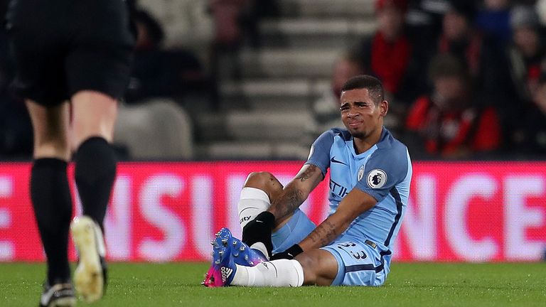 File photo dated 13-02-2017 of Manchester City's Gabriel Jesus sits injured during the Premier League match at the Vitality Stadium, Bournemouth.