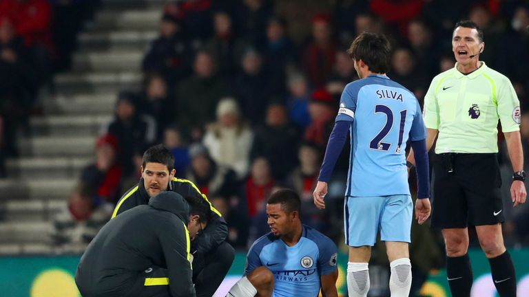 BOURNEMOUTH, ENGLAND - FEBRUARY 13:  Gabriel Jesus of Manchester City receives treatment for an injury before being substituted during the Premier League m