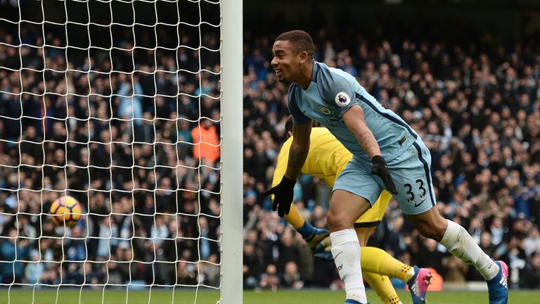 Manchester City's Brazilian striker Gabriel Jesus celebrates scoring the opening goal of the English Premier League football match between Manchester City 