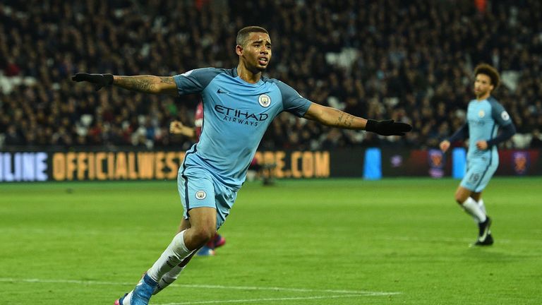 Manchester City's Brazilian striker Gabriel Jesus celebrates scoring his team's third goal during the English Premier League football match between West Ha