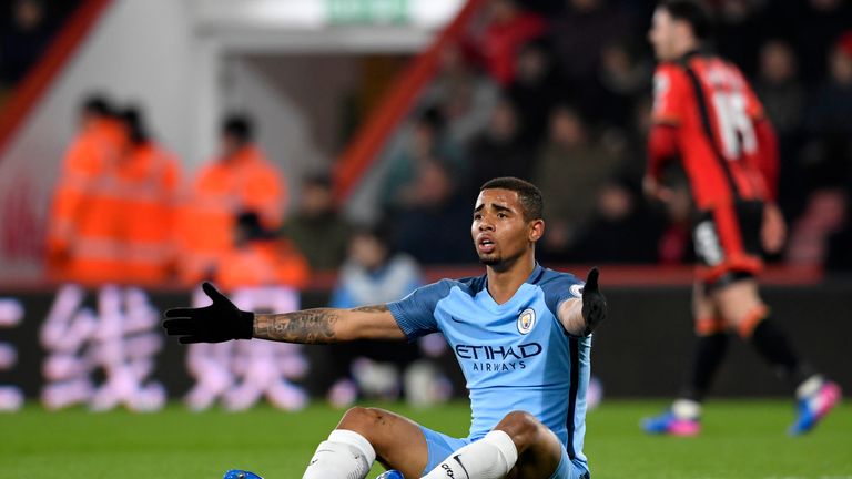 BOURNEMOUTH, ENGLAND - FEBRUARY 13:  Gabriel Jesus of Manchester City reacts after being pulled back attempting to break through the Bournemouth defence du