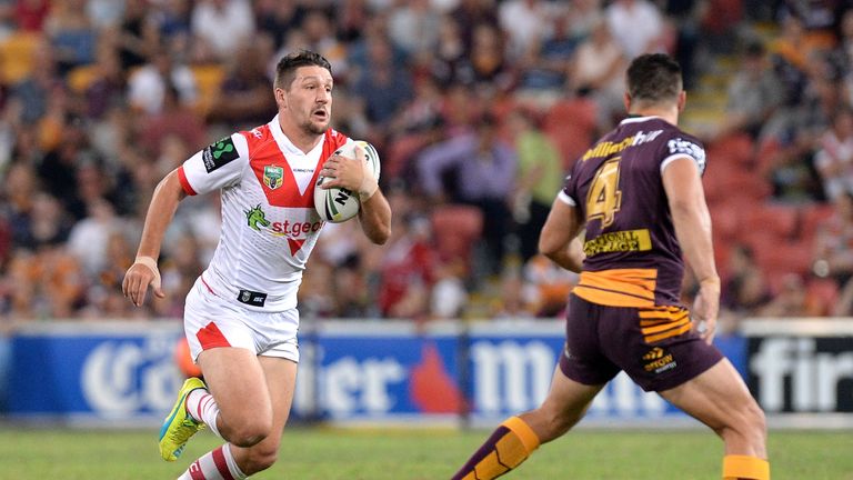 BRISBANE - APRIL 07 2016:  Gareth Widdop of the Dragons looks to take on the defence during the round six NRL match Against the Brisbane Broncos