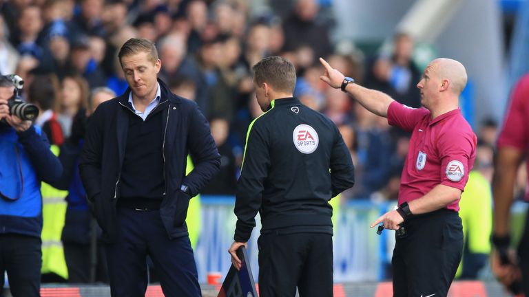 Leeds United manager Garry Monk is sent to the stand by referee Simon Hooper the Sky Bet Championship match at the John Smith's Stadium, Huddersfield.