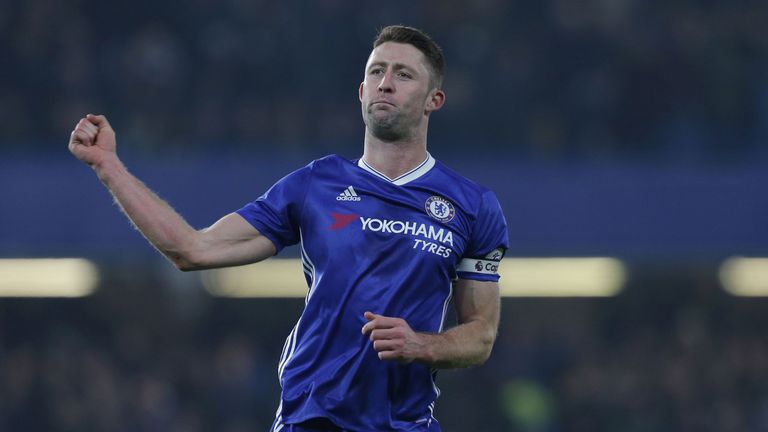 Chelsea's English defender Gary Cahill celebrates after scoring their second goal during the English Premier League football match between Chelsea and Hull
