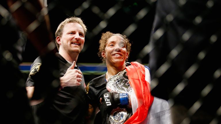 NEW YORK, NY - FEBRUARY 11:  Germaine de Randamie of The Netherlands celebrates with the belt after defeating Holly Holm of United States in their UFC wome