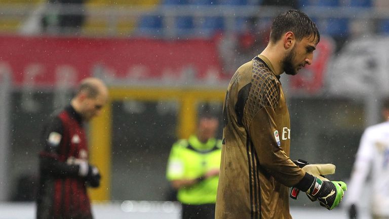 MILAN, ITALY - FEBRUARY 05:  Gianluigi Donnarumma of AC Milan leaves the field looking dejected at the end of the Serie A match between AC Milan and UC Sam