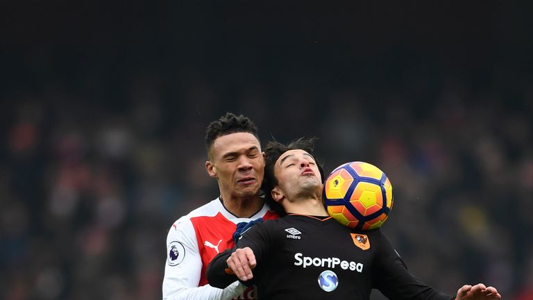 LONDON, ENGLAND - FEBRUARY 11: Lazar Markovic of Hull City is fouled by Kieran Gibbs of Arsenal during the Premier League match between Arsenal and Hull Ci