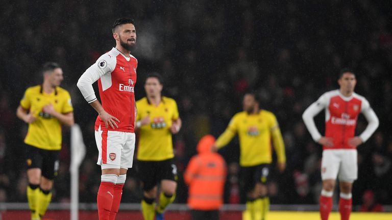 LONDON, ENGLAND - JANUARY 31:  Olivier Giroud of Arsenal shows dejection after Watford's goal during the Premier League match between Arsenal and Watford a