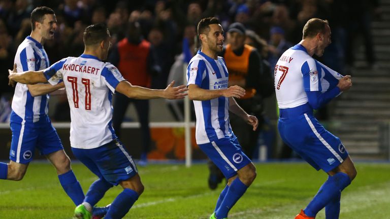 Brighton & Hove Albion's Glenn Murray celebrates scoring his sides opening goal from the penalty spot during the Sky Bet Championship match at the AMEX Sta