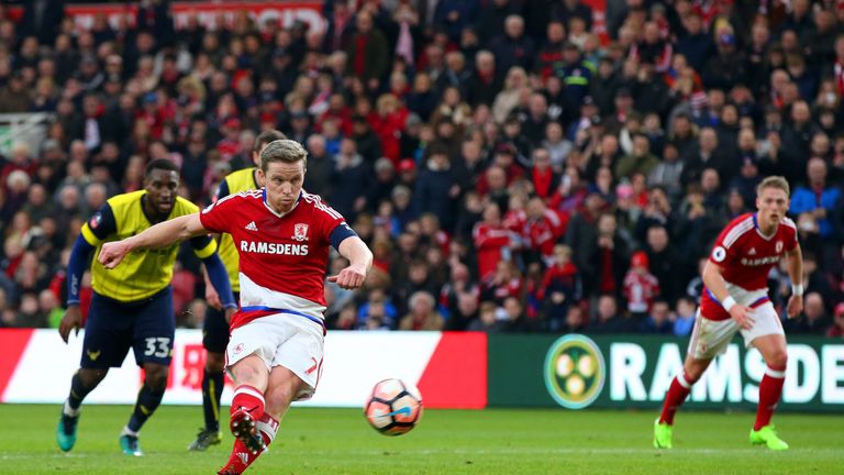 Grant Leadbitter scores Middlesbrough's first against Oxford from the penalty spot