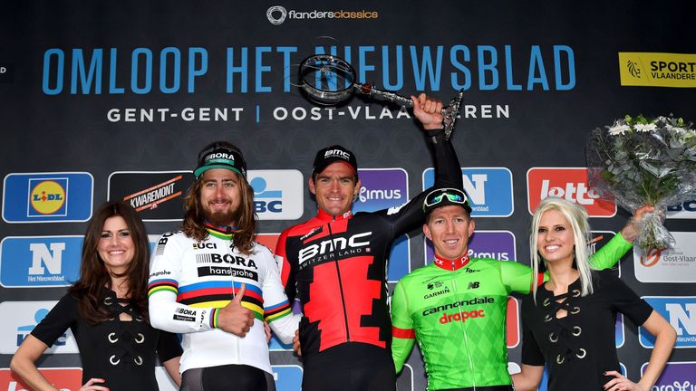 Victorious Van Avermaet celebrates on the podium with Sagan and Vanmarcke